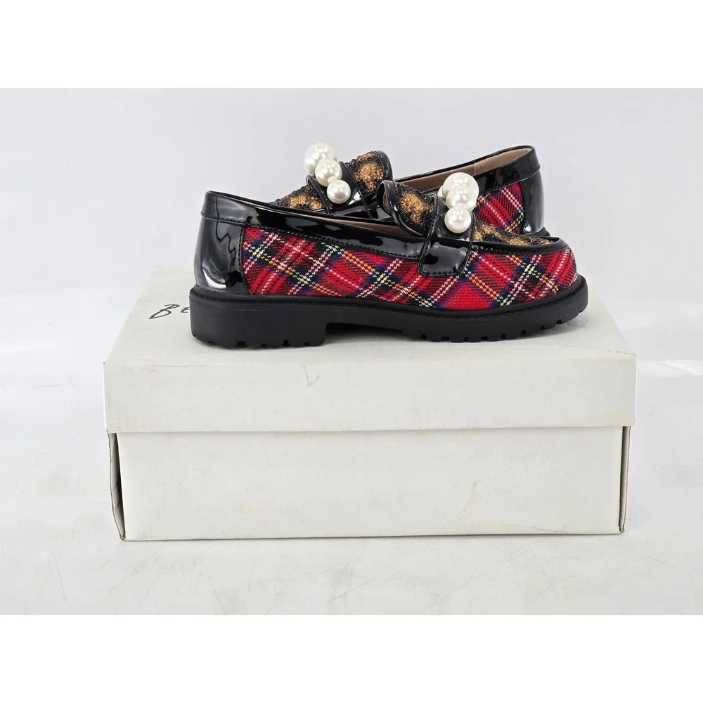 Betsey Johnson Harlo Loafers Kids 13 Red Plaid Leopard Pearl - Excellent